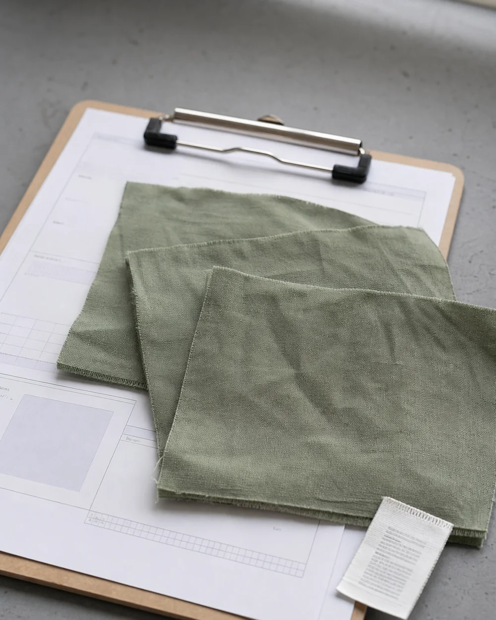 Wash-tested fabric coupons laid beside their care labels and a test record folder on a quality-control bench