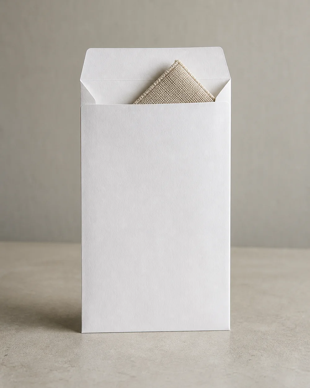A sample mailer standing upright on a bench, its flap open far enough to show the corner of a fabric swatch inside